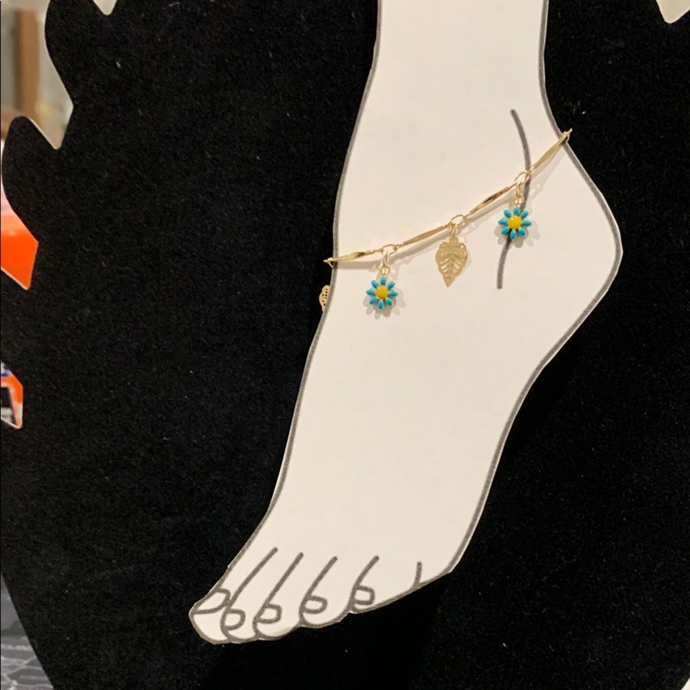 Gold Anklet with Blue Flower Charms